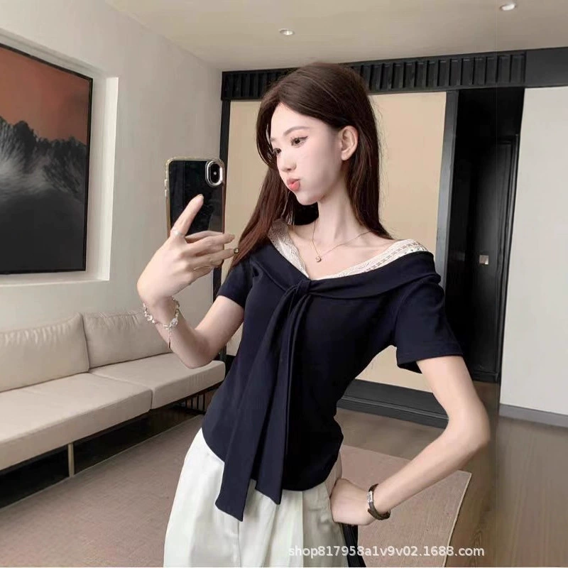 V-Neck Lace Splicing Strap Short-Sleeved T-Shirt for Women Summer - Image 4