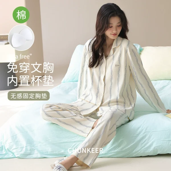 New Style Pure Cotton Pajamas with Chest Pads for Women, Autumn Long-Sleeved Home Suit, Cardigan, Breathable, High-Looking, Spring and Autumn Home Wear