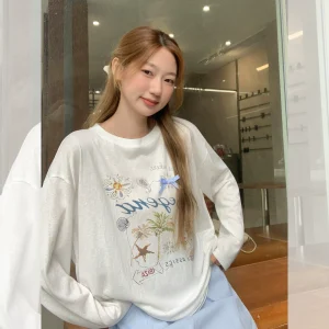 Summer Style Stereo Bow Decorated Letter Printed Long-Sleeved T-Shirt Women's Loose Casual Fashion Top