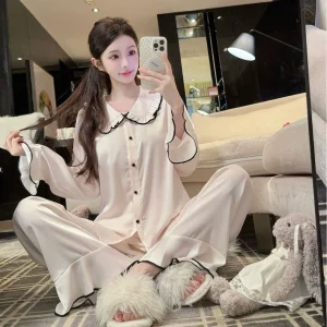 Summer Pajamas for Women, Sweet Princess Style Wrinkled Cardigan, Long-Sleeved Trousers Suit, Two-Piece Student Home Clothes That Can Be Worn Outside