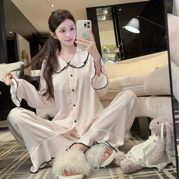 Summer Pajamas for Women, Sweet Princess Style Wrinkled Cardigan, Long-Sleeved Trousers Suit, Two-Piece Student Home Clothes That Can Be Worn Outside