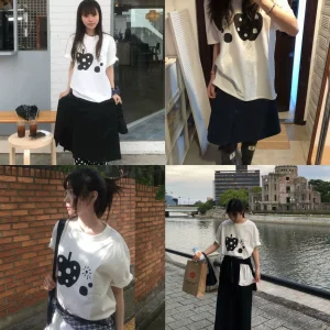 Ohesh*O Korean Niche Black Apple Polka Dot Print Loose-Fitting Short-Sleeved T-Shirt Girls Casual T-Shirt