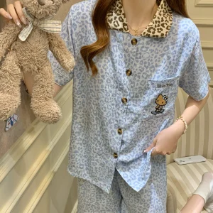 Sweet and Cool Leopard Print Three-Piece Pajamas for Women Summer