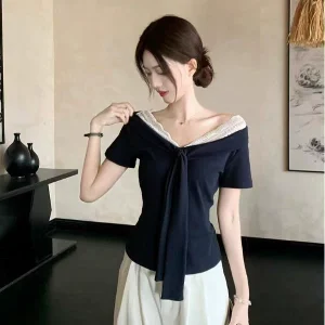 V-Neck Lace Splicing Strap Short-Sleeved T-Shirt for Women Summer