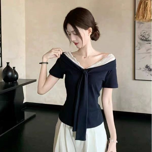 V-Neck Lace Splicing Strap Short-Sleeved T-Shirt for Women Summer