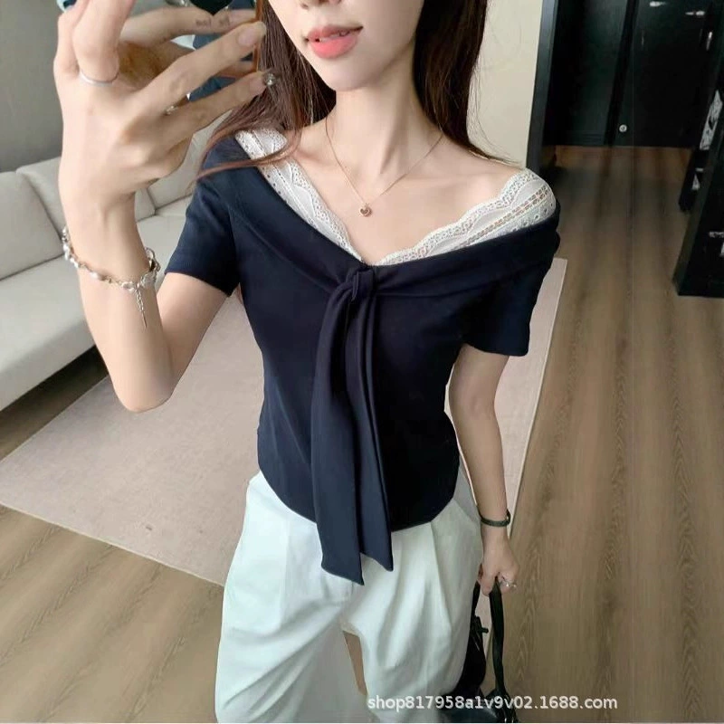 V-Neck Lace Splicing Strap Short-Sleeved T-Shirt for Women Summer - Image 2
